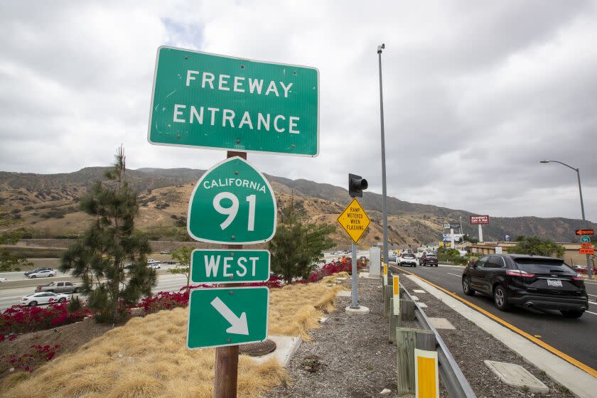 Corona, CA - May 20: An aerial view of traffic on the 91 Freeway and the Green River Blvd. overpass in 91 Freeway on Thursday, May 20, 2021 in Corona, CA. (Allen J. Schaben / Los Angeles Times)