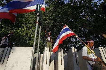 Anti-government protesters hold flags as they gather outside the parliament building during a senate session in Bangkok May 12, 2014. REUTERS/Athit Perawongmetha