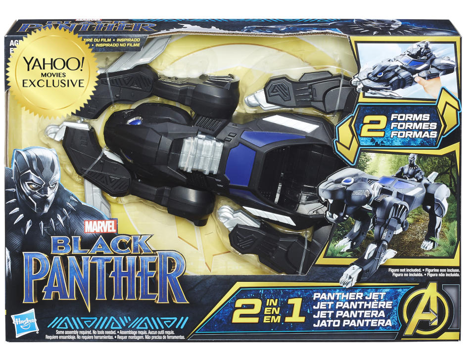 <p>“Imagine Black Panther preparing for an attack with this 2-IN-1 Panther Jet Vehicle, inspired by the movie. Featuring a simple conversion mechanism, kids can switch from a panther-like ground attack vehicle to a royal jet, offering two forms of play. Includes a cockpit that is compatible with 6-inch scale figures (not included).” $29.99 (Photo: Hasbro) </p>