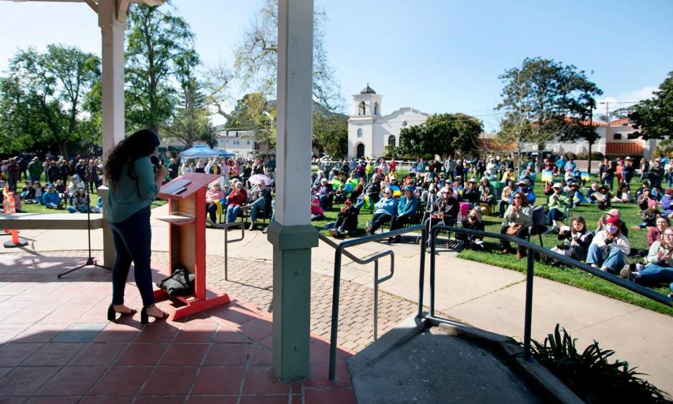 Yessenia Echevarria, of Paso People’s Action, speaks at the Women’s Rally in March 2022. More than 600 people gathered at Mitchell Park in downtown San Luis Obispo to participate in Women’s March SLO’s Engage for Equity rally.