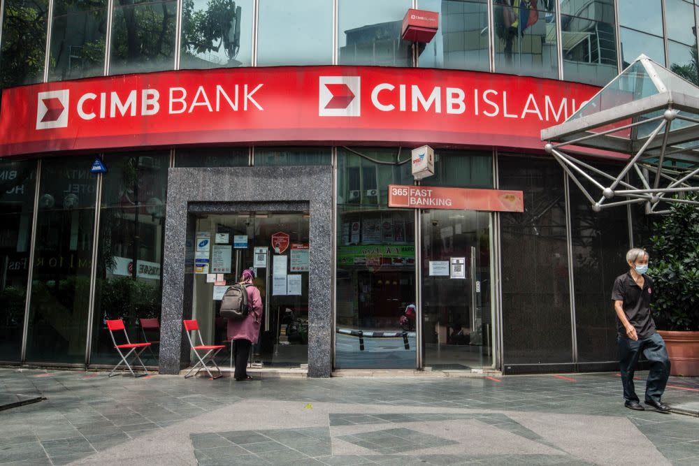 A CIMB Bank branch is pictured in Kuala Lumpur July 9, 2021. — Picture by Firdaus Latif