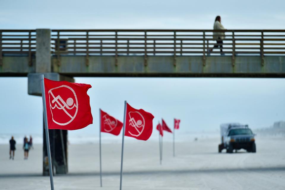 Flags indicating that the water was closed to the public were displayed Monday for 300 feet on the north and south sides of the Jacksonville Beach Fishing pier. Lt. Maxwell Ervanian with Jacksonville Beach Ocean Rescue said the high level of calls around the pier made it the busiest area of the beach and prompted the closure, which could be repeated this week if hazardous surf conditions develop.