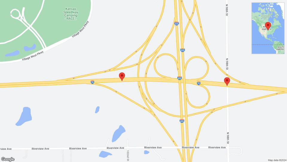 A detailed map that shows the affected road due to 'Lane on I-70 closed in Edwardsville' on June 16th at 12:19 a.m.