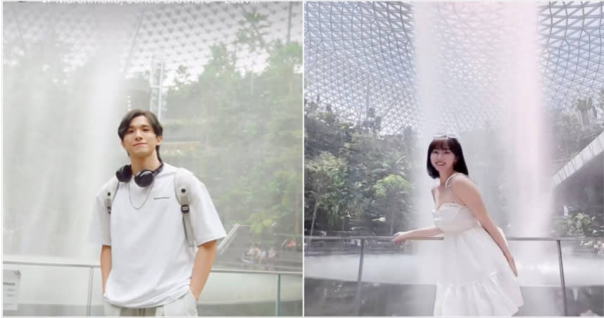 張瀚元跟許斐棋最近一起到新加坡玩，在同個網紅景點室內瀑布拍照。（圖／翻攝張瀚元、許斐棋IG）
