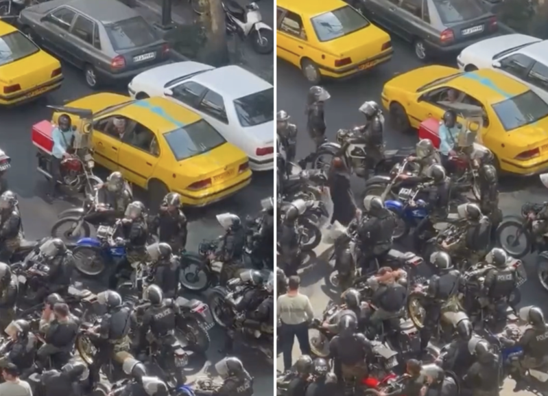 伊朗因艾米尼之死掀起示威，大批警力聚集在街上驅離示威者。（翻攝推特）
