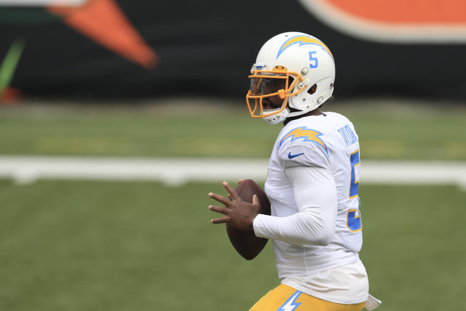 Los Angeles Chargers quarterback Tyrod Taylor looks to throw before an NFL football game against the Cincinnati Bengals, Sunday, Sept. 13, 2020, in Cincinnati. (AP Photo/Aaron Doster)