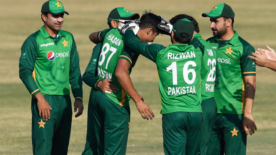 Pakistan players, pictured here celebrating during an ODI against Zimbabwe in November.