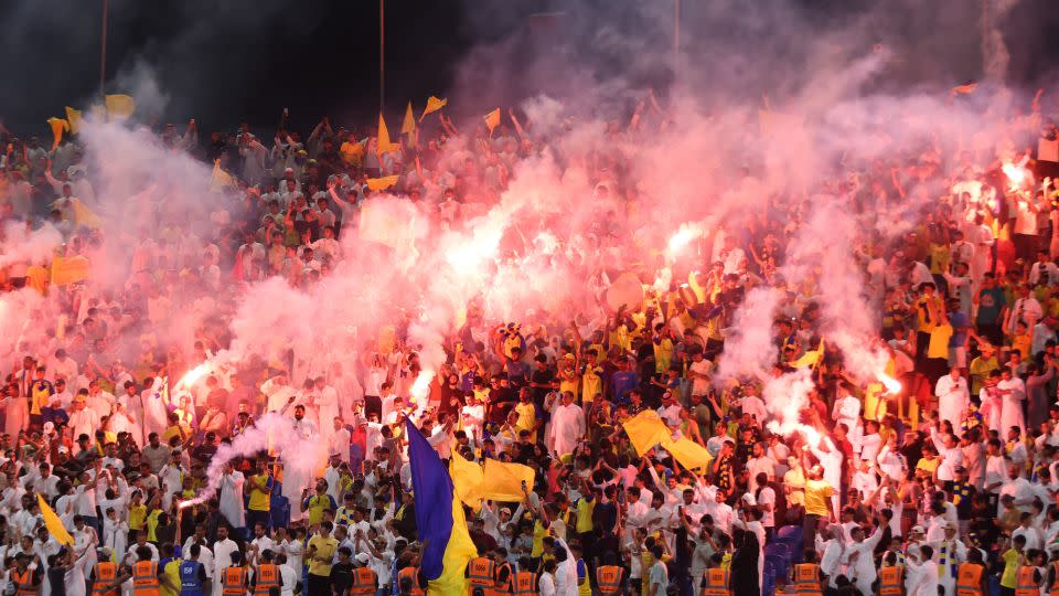 Fans of Al Nassr show their support during the Arab Club Champions Cup Group C match between the Saudi club and Zamalek at the King Fahd Sports City in Taif, Saudi Arabia on August 03, 2023. - Stringer/Anadolu Agency/Getty Images