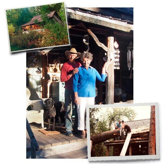 Jerry with Janet on the cabin’s front porch and fixing the roof.