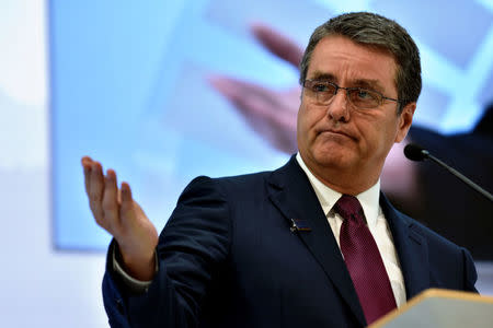 World Trade Organization Director-general Roberto Azevedo speaks at the annual meetings of the IMF and World Bank Group in Washington, October 7, 2016. REUTERS/James Lawler Duggan