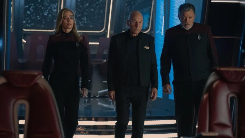 Jeri Ryan as Seven, Patrick Stewart as Picard, and Jonathan Frakes as Riker in “Star Trek: Picard.” (Nicole Wilder/Paramount+)