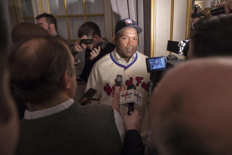 Newly elected baseball Hall of Fame inductee Tim Raines speaks to reporters during a news conference, Thursday, Jan. 19, 2017, in New York. (AP Photo/Mary Altaffer)