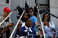 <p>Andrew Wyatt, spokesman for actor and comedian Bill Cosby, speaks to the media during a break from the sixth day of Cosby’s sexual assault trial at the Montgomery County Courthouse in Norristown, Pa., June 13, 2017. (Photo: Brendan McDermid/Reuters) </p>