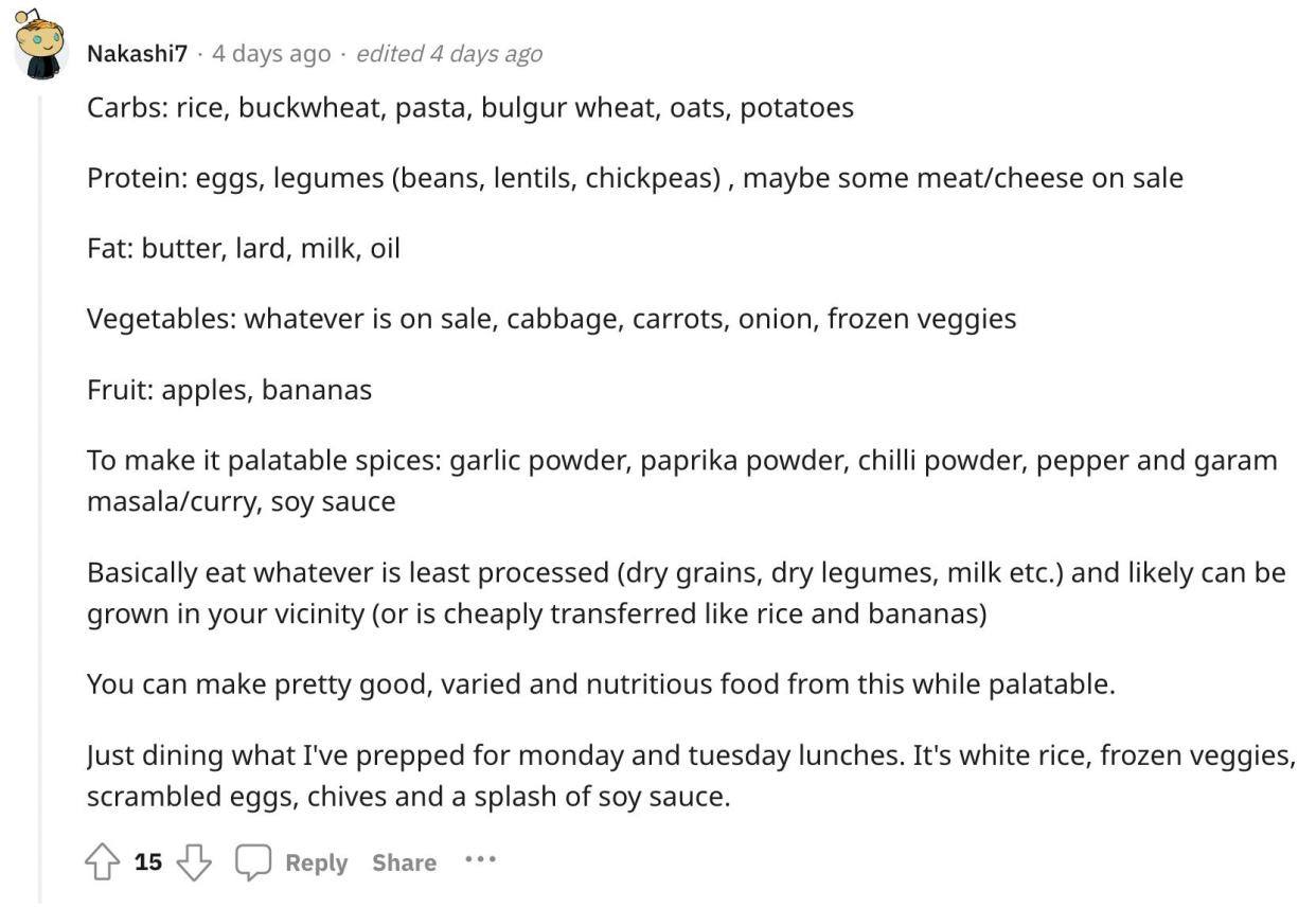 Reddit screenshot about meal prep being helpful in saving money.