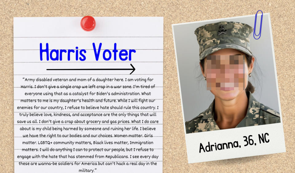 Text on the image is a testimonial by Adrianna, 36, NC, an army veteran and mother. She supports Harris for president, emphasizing her concern for veterans, women, and children's futures