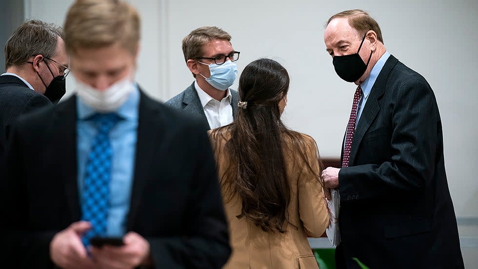 Sen. Richard Shelby (R-Ala.) speaks to reporters as he arrives to the Capitol for a cloture vote regarding a nomination on Wednesday, January 5, 2022.