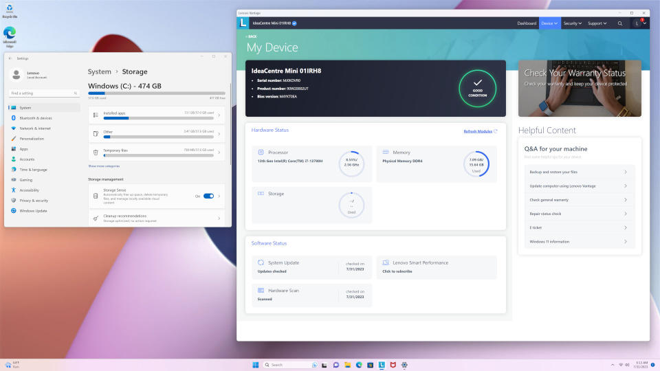 Lenovo IdeaCentre Mini Vantage app screenshot and storage space in Windows 11