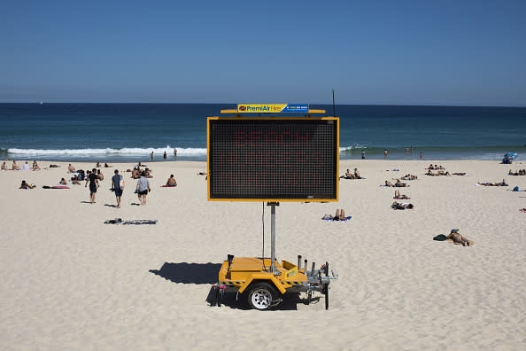 A sign reads 'Beach Numbers Monitored' at Bondi Beach in Sydney, Australia.