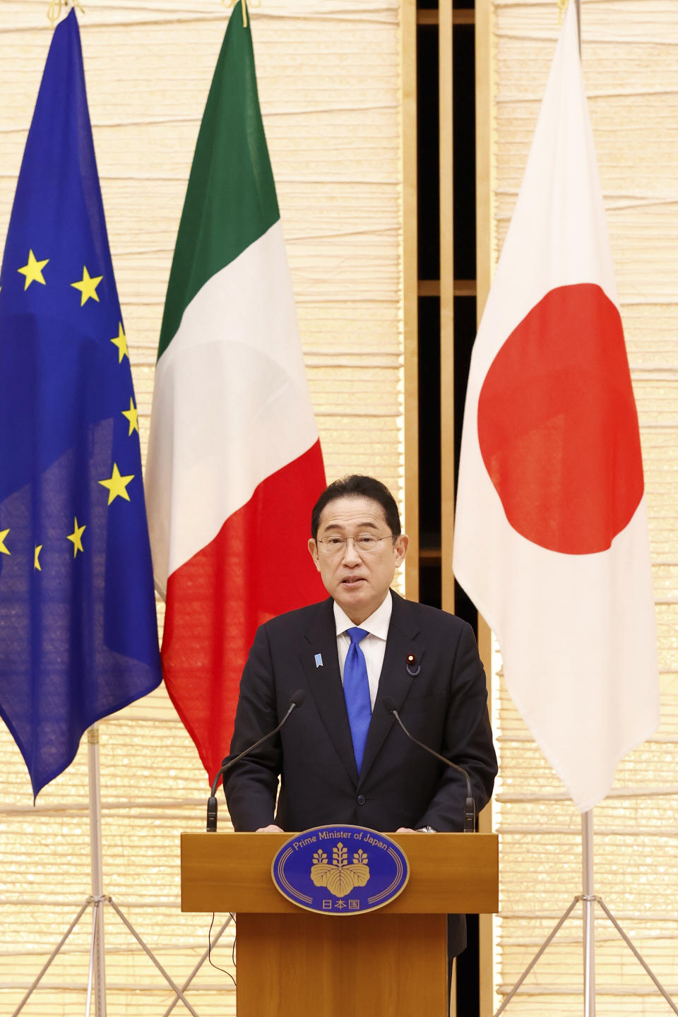 Japanese Prime Minister Fumio Kishida speaks during a Japan-Italy bilateral meeting at Japan's prime minister office in Tokyo, Monday, Feb. 5, 2024. (Rodrigo Reyes Marin, Pool via AP)