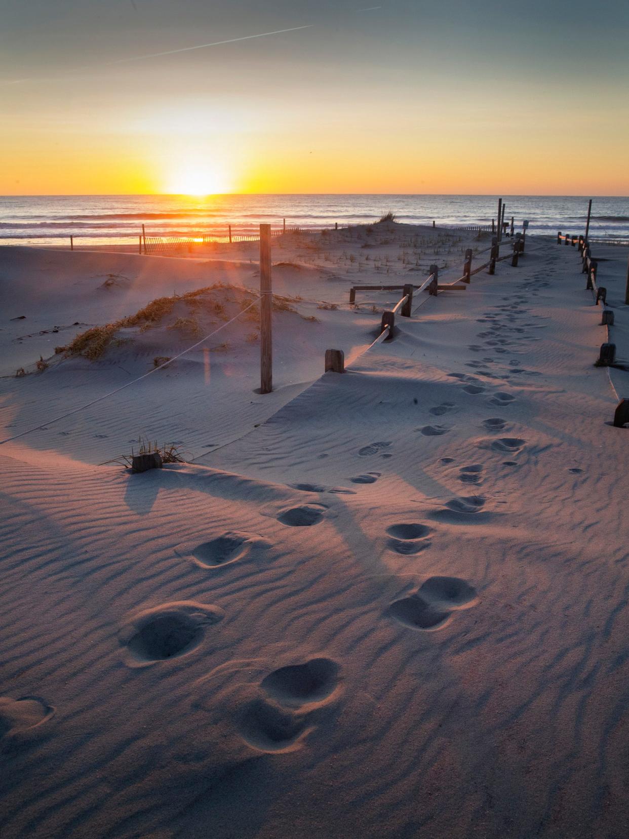 Footprints in the sand at Island Beach State Park in 2019.