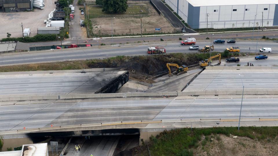 The collapsed portion of Route 95 northbound over Cottman Avenue in Northeast Philadelphia, PA, is shown Sunday afternoon, June 11, 2023.  A vehicle fire under the overpass caused the collapse.