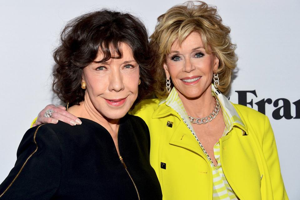 Lily Tomlin (L) and Jane Fonda arrive at the premiere of Netflix's "Grace and Frankie" at the Regal Cinemas L.A. Live