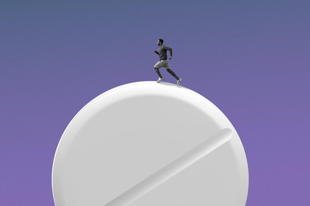An absurd image of a man on a giant pill, running.