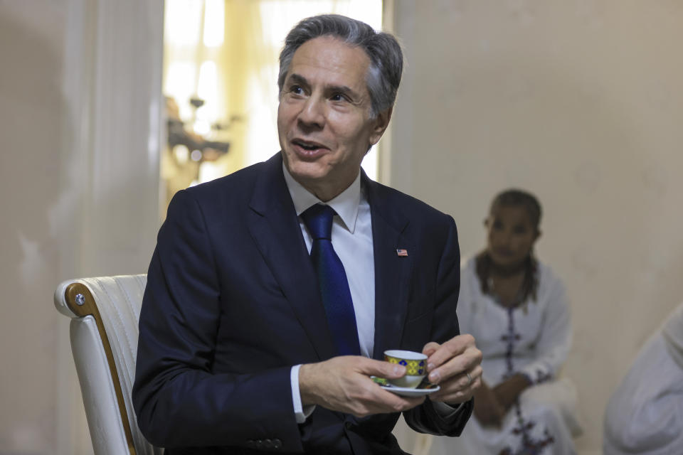 U.S. Secretary of State Antony Blinken attends a meeting with Ethiopian Deputy Prime Minister and Foreign Minister Demeke Mekonnen in Addis Ababa, Ethiopia, Wednesday, March 15, 2023. (Tiksa Negeri/Pool Photo via AP)