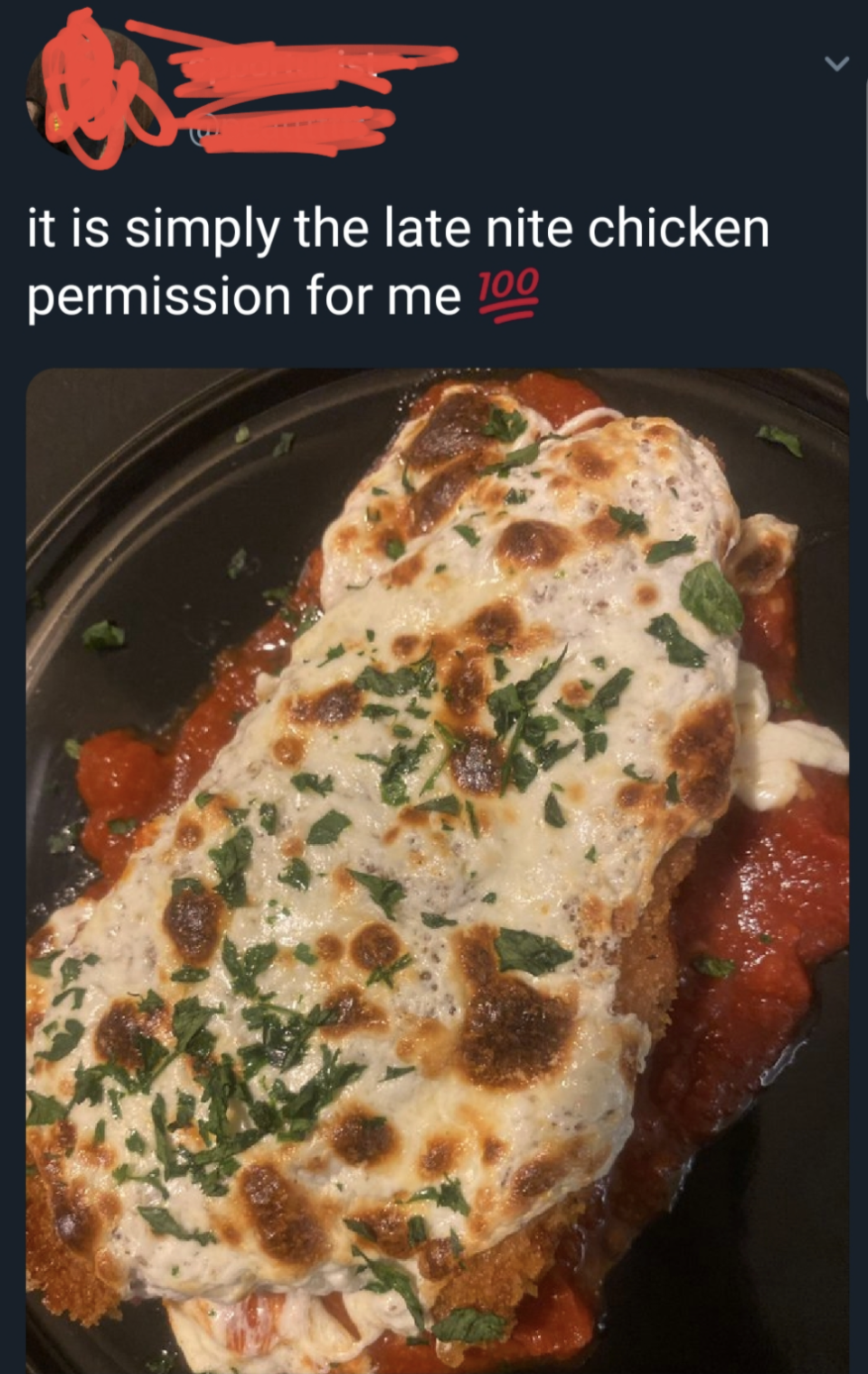 person calling chicken parm chiicken permission