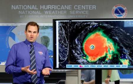 Dr Michael Brennan, Branch Chief Hurricane Specialists Unit, makes a network television appearance at the National Hurricane Center ahead of the arrival of Hurricane Dorian in Miami