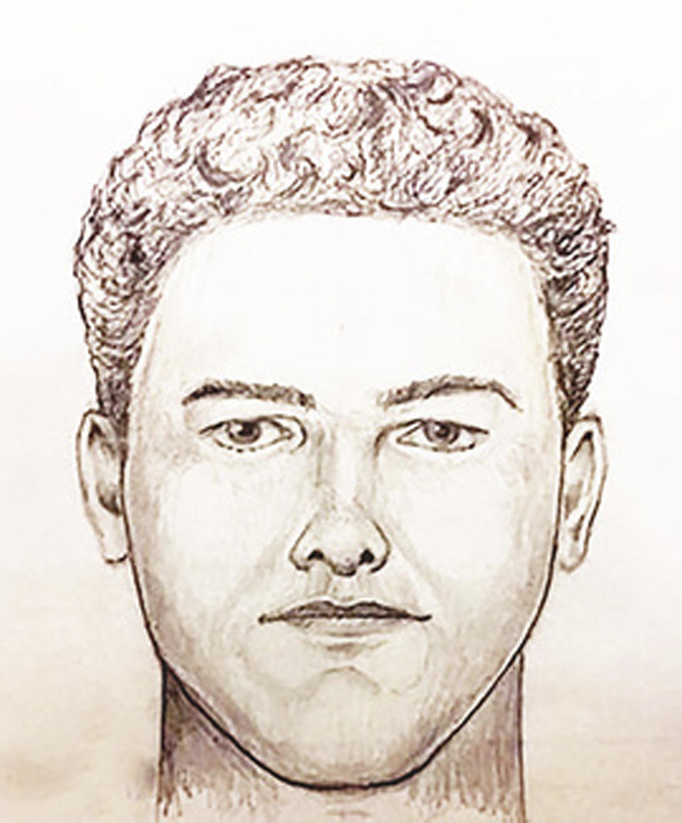 In this undated police artist sketch provided by the Indiana State Police is the new "face" of the Delphi Murder suspect Monday, April, 22, 2019. Authorities have released video of a man suspected of killing two Indiana teenagers two years ago and urged the public to scrutinize the footage, which shows the man walking on an abandoned railroad bridge the girls visited while out hiking the day they were killed. The State Police also released a new sketch of the suspect, which Superintendent Doug Carter says was produced thanks to "new information" collected during the investigation into the killings of Liberty German and Abigail Williams. (Indiana State Police via AP)