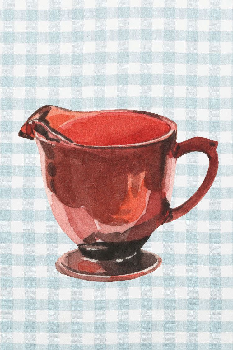 royal ruby anchor hocking creamer, all images in this history section are illustrations on a blue and white gingham background