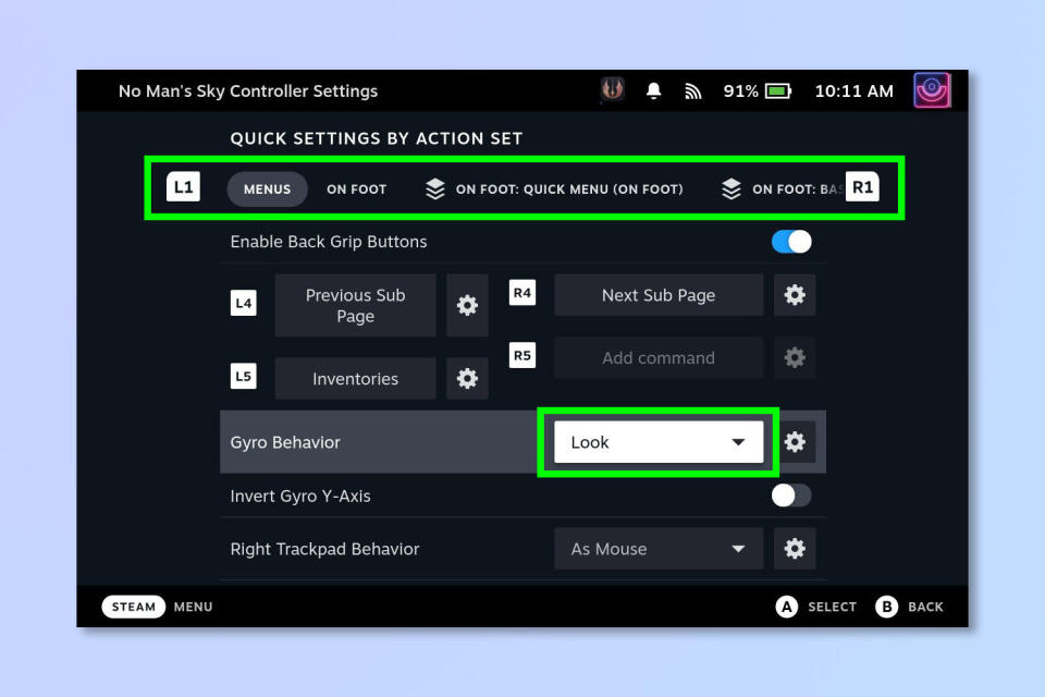 A screenshot showing how to disable the gyro on Steam Deck