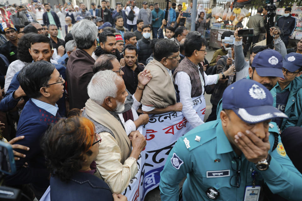 Gono Odhikar Porishod supporters hold a protest against the election boycott call by the main opposition party, and demanded for free and fair elections, in Dhaka, Bangladesh, Friday, Jan. 5, 2024. Bangladesh’s main opposition party called for general strikes on the weekend of the country's parliamentary election, urging voters to join its boycott. This year, ballot stations are opening amid an increasingly polarized political culture led by two powerful women; current Prime Minister Sheikh Hasina and opposition leader and former premier Khaleda Zia. (AP Photo/Mahmud Hossain Opu)