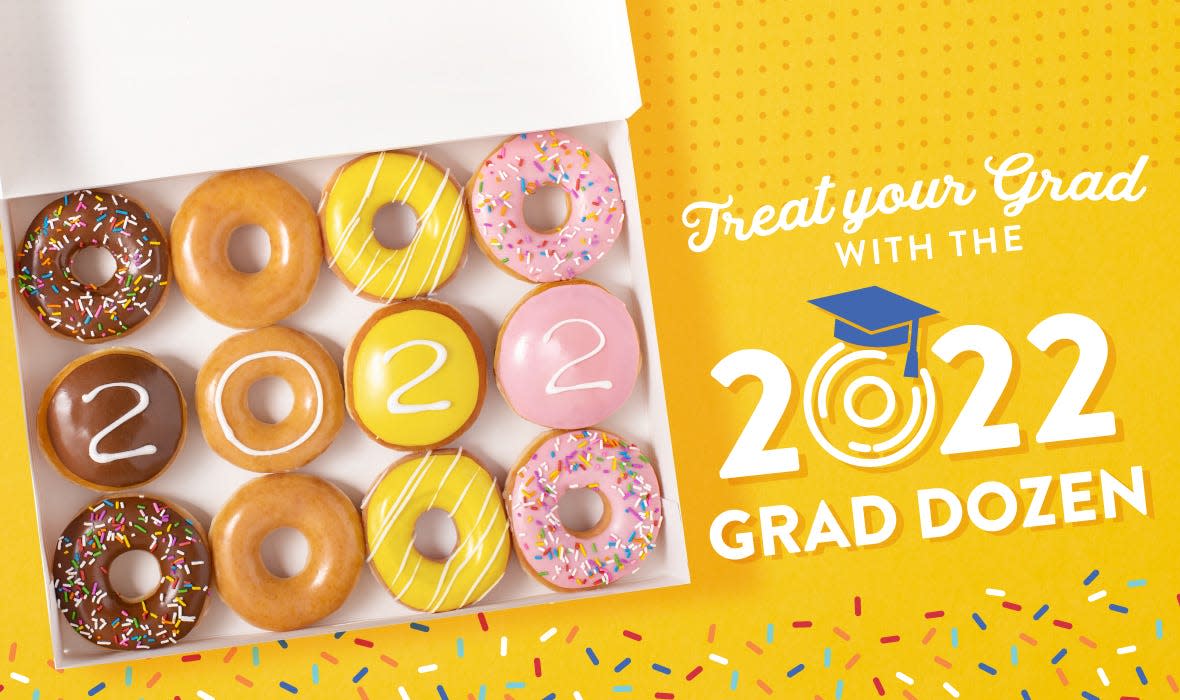 Any senior who goes to a Krispy Kreme store on May 25, 2022, and wears Class of 2022 clothing or other gear such as a class ring gets a free “Senior Day Dozen” donuts at participating shops while supplies last. You can buy the dozen May 26-29.