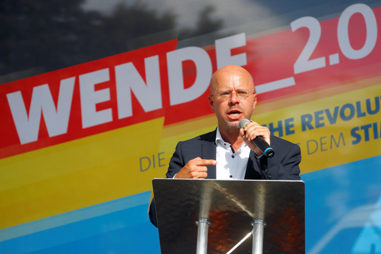 Andreas Kalbitz of Germany's far-right Alternative for Germany (AfD) party speaks during an election campaign of AfD youth organisation Young Alternative for Germany, in Cottbus, Germany, August 4, 2019. REUTERS/Hannibal Hanschke