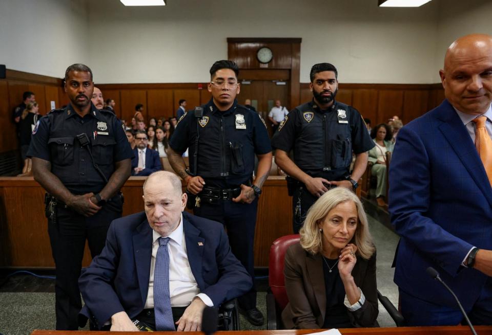 PHOTO: Harvey Weinstein appears in Manhattan Criminal Court for a status hearing to be retried, following his overturned sex crimes conviction, in New York City, July 9, 2024.  (Andrew Kelly/Reuters)