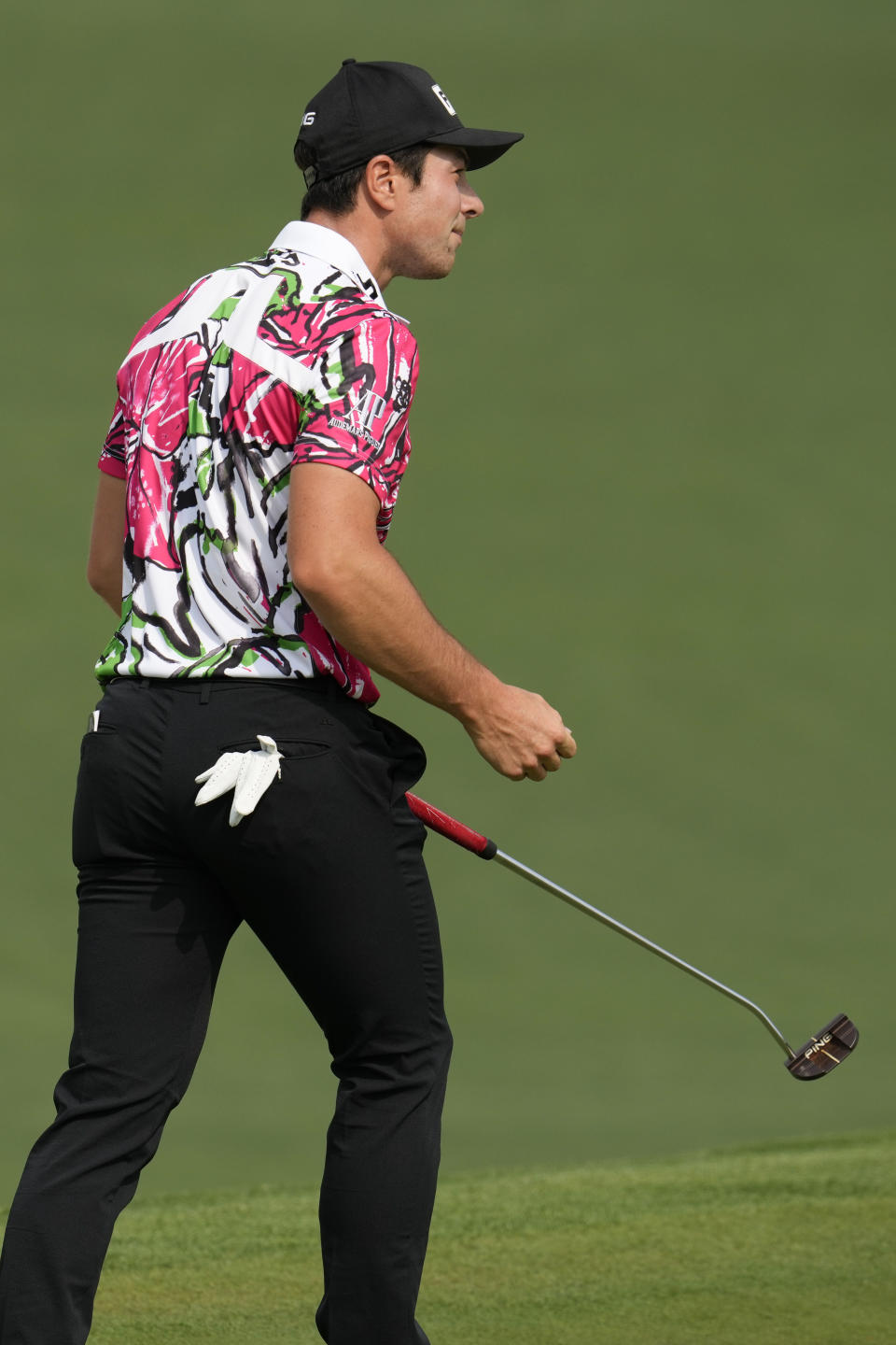 Viktor Hovland, of Norway, celebrates after a putt on the second hole during the first round of the Masters golf tournament at Augusta National Golf Club on Thursday, April 6, 2023, in Augusta, Ga. (AP Photo/Mark Baker)