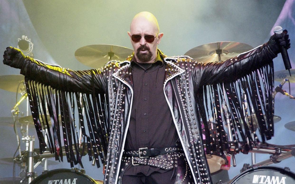 Rob Halford performs at the Shoreline Amphitheatre in San Francisco in 2004 - Getty