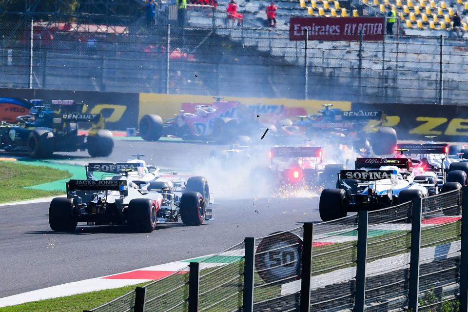 Drives crash during the Tuscany Formula One Grand Prix at the Mugello circuit in Scarperia e San Piero on September 13, 2020. (Photo by Claudio Giovannini / POOL / AFP) (Photo by CLAUDIO GIOVANNINI/POOL/AFP via Getty Images)