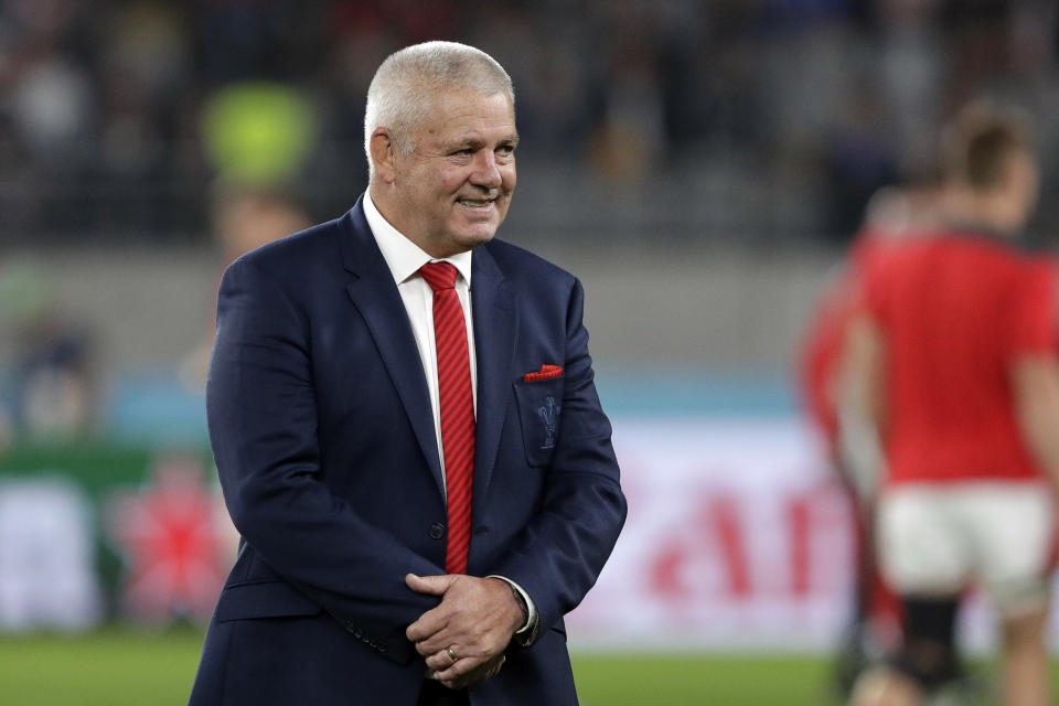 FILE - Wales coach Warren Gatland, walks on the field prior to the Rugby World Cup bronze final game at Tokyo Stadium between New Zealand and Wales in Tokyo, Japan, on Nov. 1, 2019. Gatland is convinced his Wales team will pull off “something special” at the Rugby World Cup. Finding any evidence to back up that bold assertion isn’t easy. (AP Photo/Aaron Favila, File)