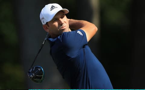 Sergio Garcia of Spain plays his shot from the 16th tee during the second round of the 2018 PGA Championship - Credit: Getty