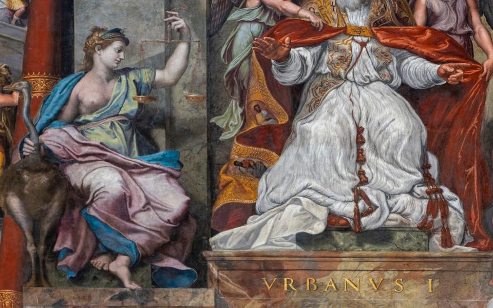 Iustitia, left, was also rendered in oils  - AP Photo/Domenico Stinellis