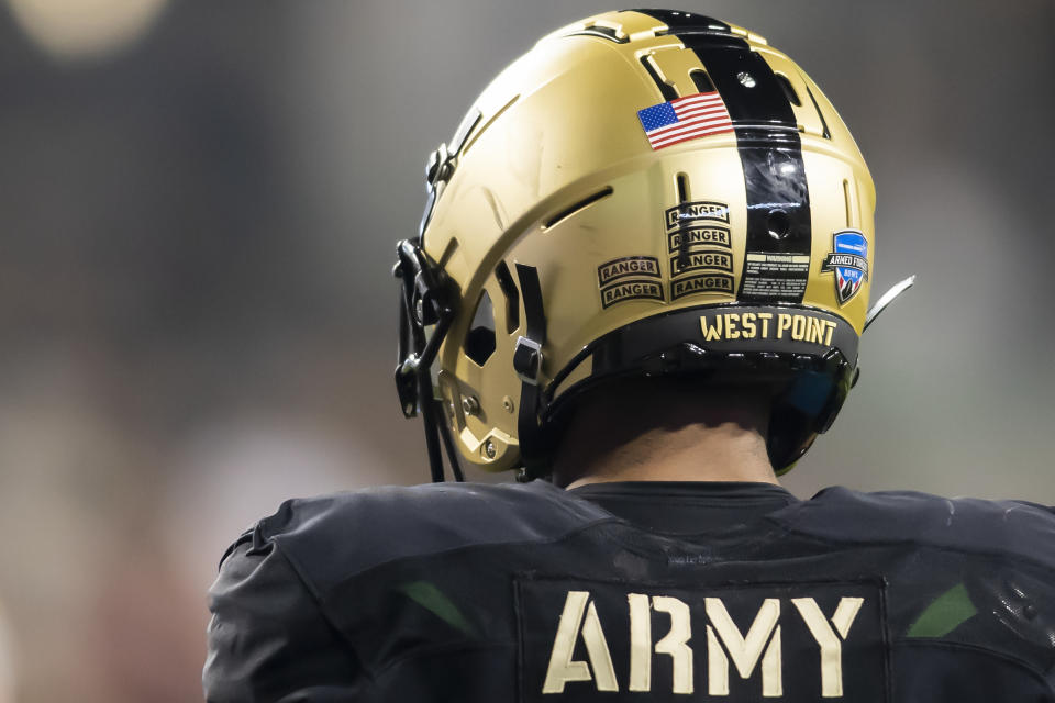 FORT WORTH, TX - DECEMBER 22:  A game worn Army branded helmet with Ranger tabs on display during the Lockheed Martin Armed Forces Bowl game between the Army Black Knights and the Missouri Tigers on Wednesday December 22, 2021 in Ft. Worth, Texas (Photo by Nick Tre. Smith/Icon Sportswire via Getty Images)