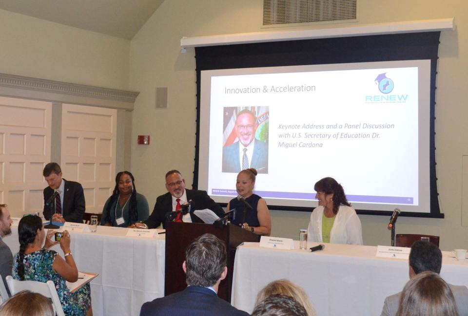 Rhode Island Education Commission Angelica Infante-Green speaks Monday during the Reimagining Education & New England’s Workforce (RENEW) Summit at the International Tennis Hall of Fame.