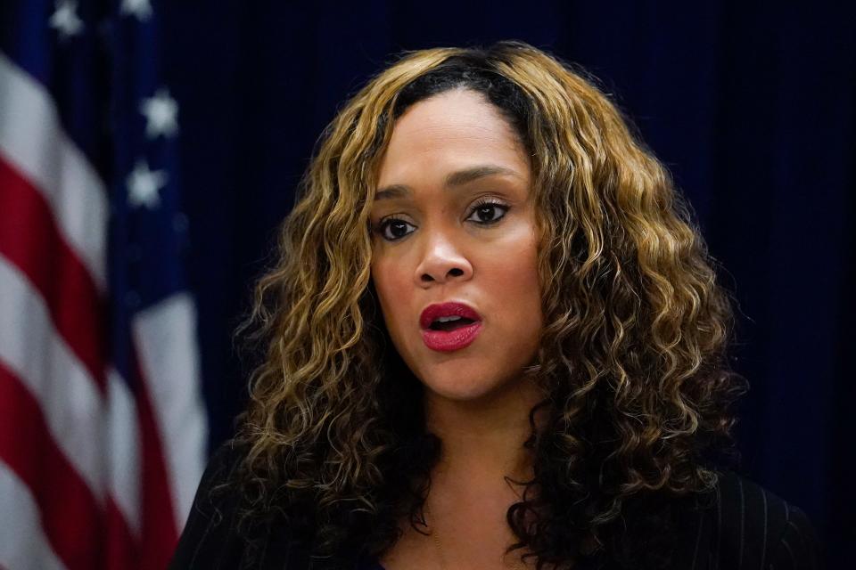 Marilyn Mosby, Maryland state attorney for Baltimore City, speaks during a news conference on Tuesday, Oct. 11, 2022, in Baltimore.