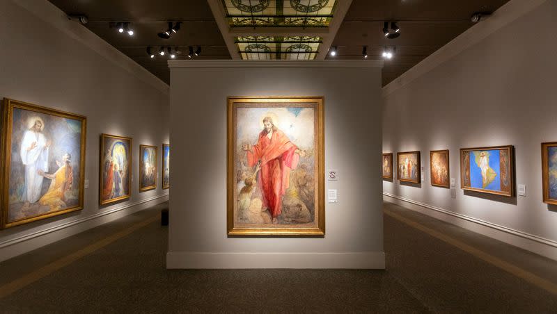 “Christ in a Red Robe” by Minerva Teichert is displayed alongside 45 other Teichert art pieces at a new exhibit that opened on July 6, 2023, in the Church History Museum in Salt Lake City, Utah.