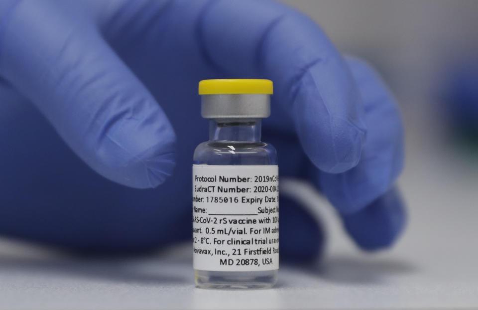 A vial of the Phase 3 Novavax coronavirus vaccine is seen ready for use in the trial at St. George's University hospital in London Wednesday, Oct. 7, 2020. (Alastair Grant/AP)