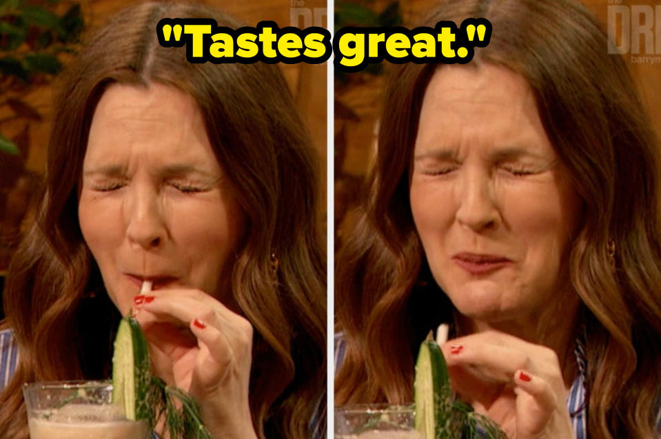 Split image of a woman tasting something with a displeased expression. She's on a set resembling a talk show