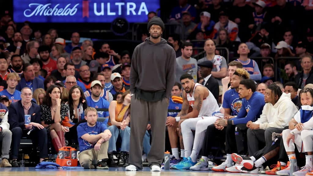 Apr 30, 2023; New York, New York, USA; New York Knicks injured forward Julius Randle (30) watches from the bench during the fourth quarter of game one of the 2023 NBA Eastern Conference semifinal playoffs against the Miami Heat at Madison Square Garden. Mandatory Credit: Brad Penner-USA TODAY Sports